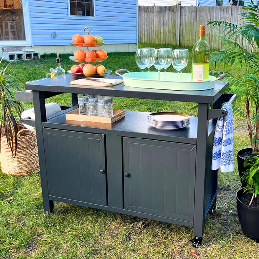 Domi Grill Carts Outdoor Storage Cabinet with Wheels, Metal Outdoor Grill Cart Kitchen Dining Table Cooking Prep BBQ Table for Patio, Kitchen Island, Home Party, Bar (Grey)