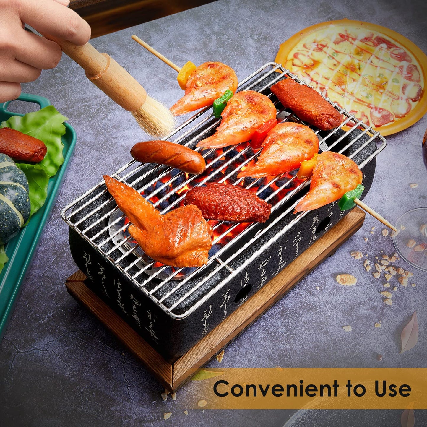Japanese Style Grill Portable Japanese Barbecue Aluminum Alloy Hibachi Grill Charcoal Stove Yakitori Household Charcoal with Wire Mesh Wooden Base