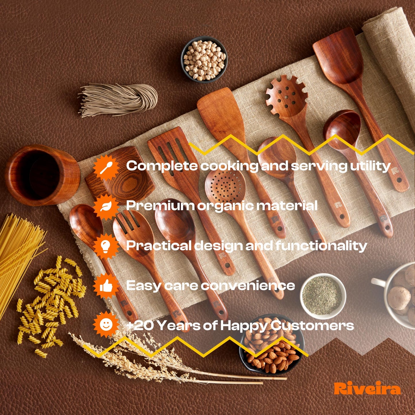 Riveira Dark Teak Kitchen Utensils Set - 12-Piece Non-Toxic Cooking Utensils Set - Wooden Spoons for Cooking - Spatula for Cooking - Teak Wooden Utensils