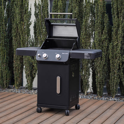 Monument Grills 2-Burner Stainless Steel Liquid Propane Gas Grill, Two Foldable Shelves Patio Garden Barbecue Grill with Clearview® Lid, Knob Control Mesa220, Black