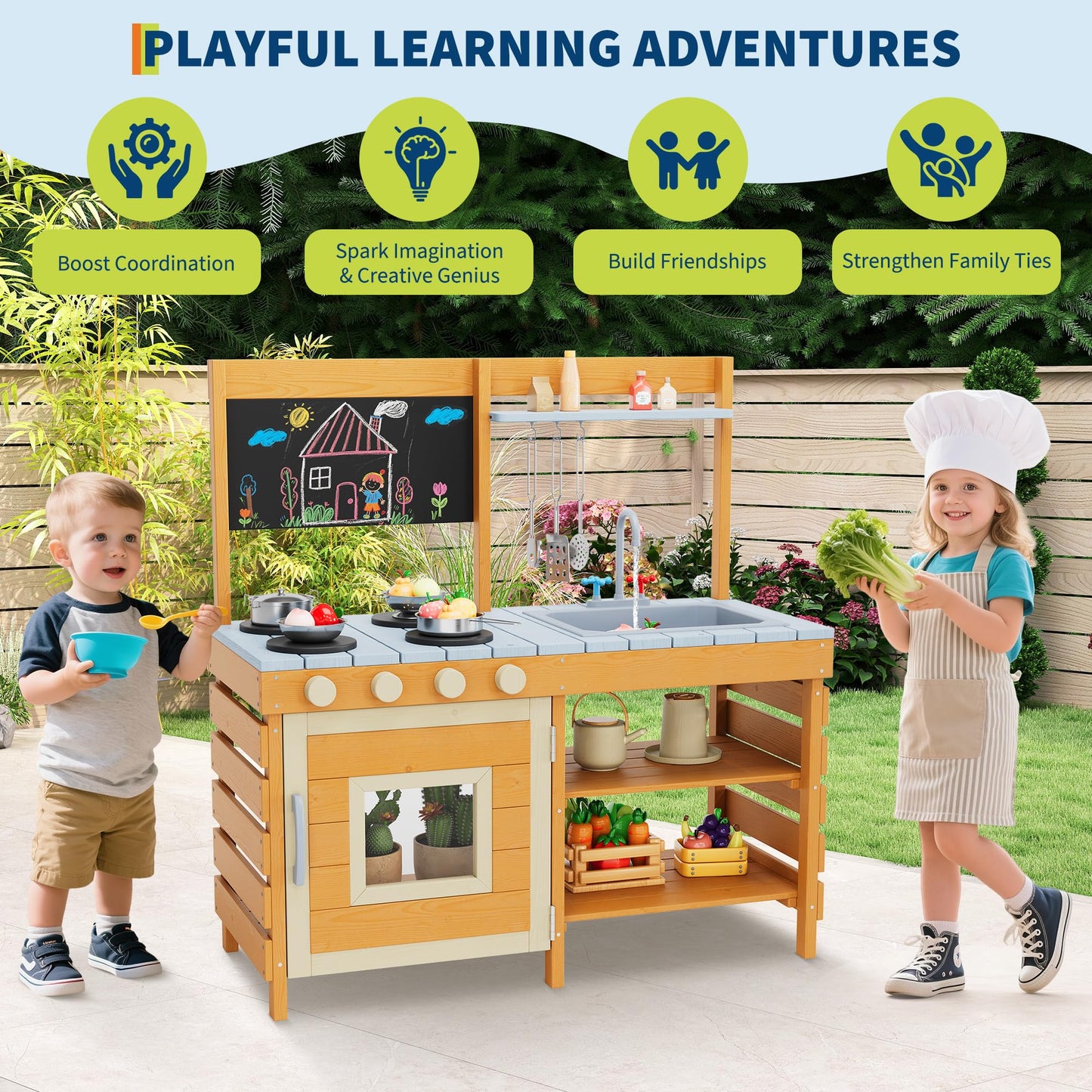 Mud Kitchen for Kids Outdoor Wooden Pretend Play Kitchen Set with See-Through Planter Box, Removable Sink & Faucet, Chalkboard, Storage Shelves＆Pretend Stove Montessori Learning Playset Toy for Toddle