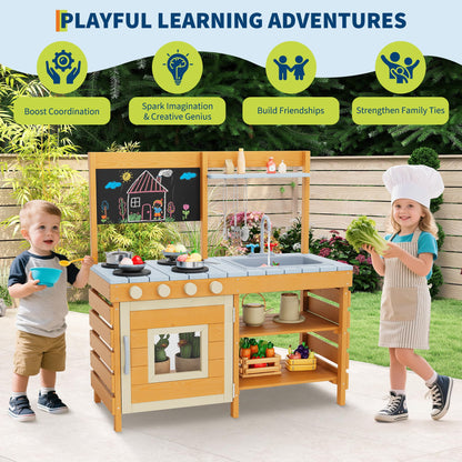 Mud Kitchen for Kids Outdoor Wooden Pretend Play Kitchen Set with See-Through Planter Box, Removable Sink & Faucet, Chalkboard, Storage Shelves＆Pretend Stove Montessori Learning Playset Toy for Toddle