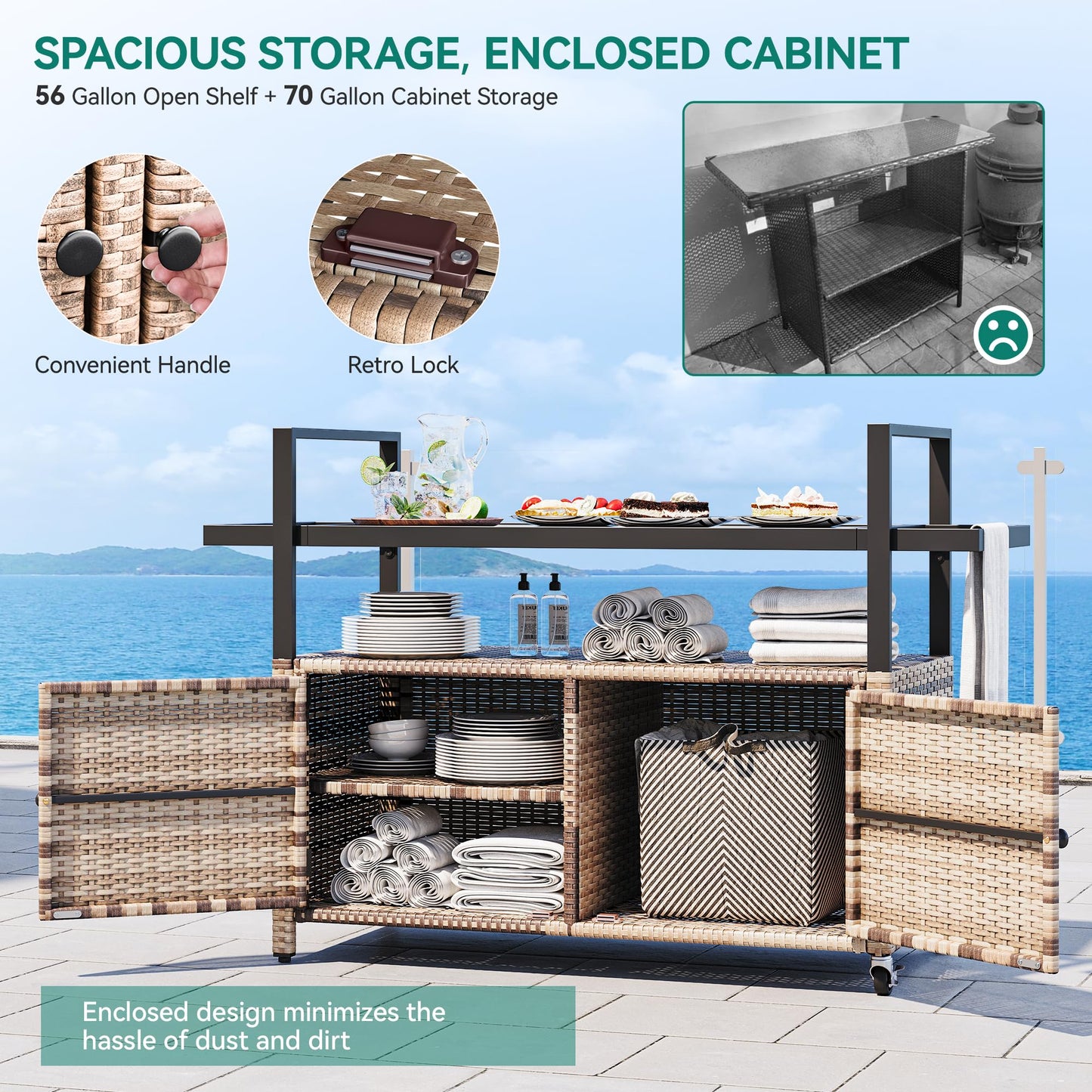 YITAHOME Large Outdoor Kitchen Wicker Island Rolling Cart & Patio Bar Table, w/Wheels and Black Glass Table Top Backyard and Poolside Light Brown