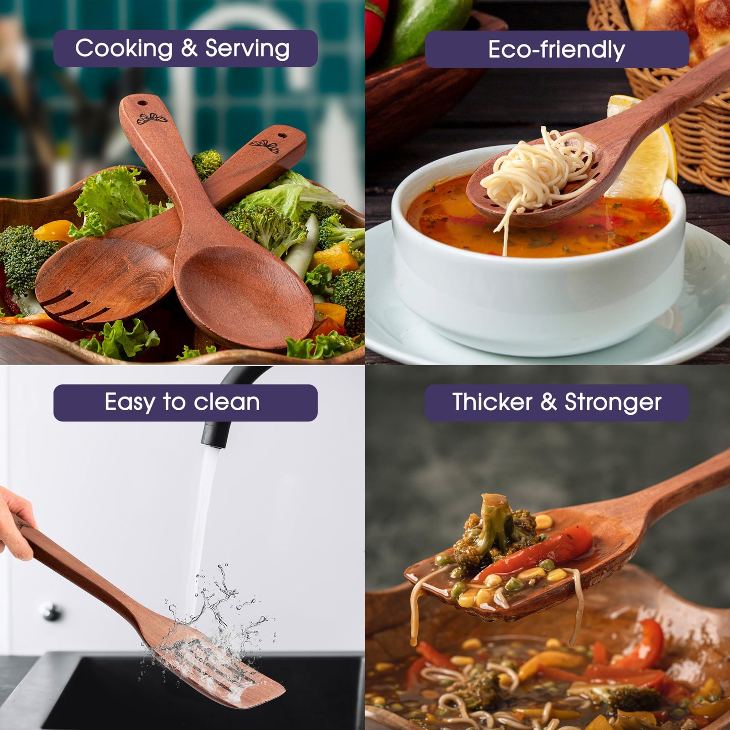 Wooden Kitchen Cooking Utensils Set | 9 Piece Spatula Set with Spoon Rest, Holder & 7 Hooks | Acacia Wood Non Toxic Serving Spoons