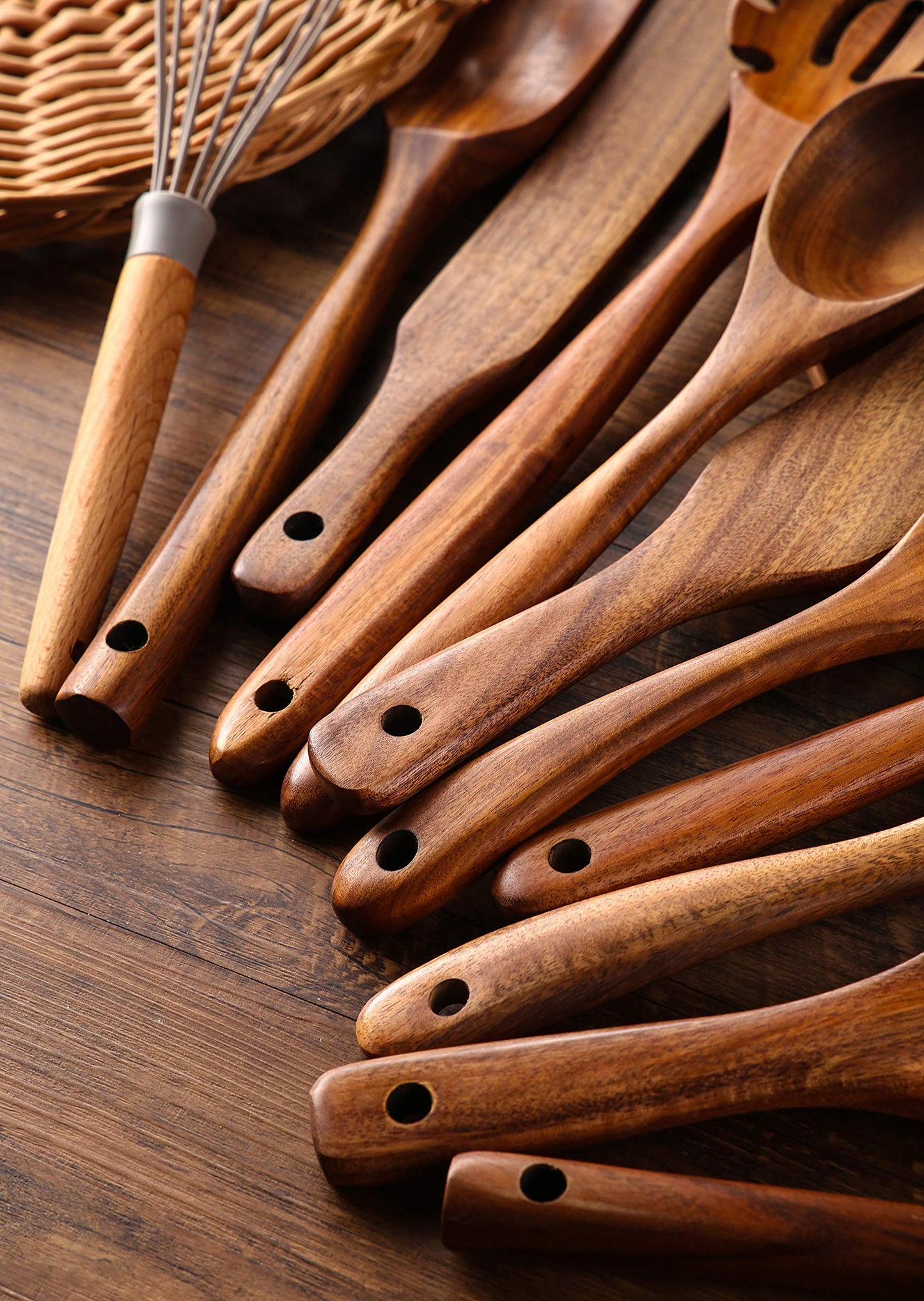 NAYAHOSE Wooden Kitchen Utensils Set, 11 Pcs Teak Wood Cooking Utensils Spoons Spatulas Spurtles Kit Non-stick Natural Kitchen Tools for Cooking