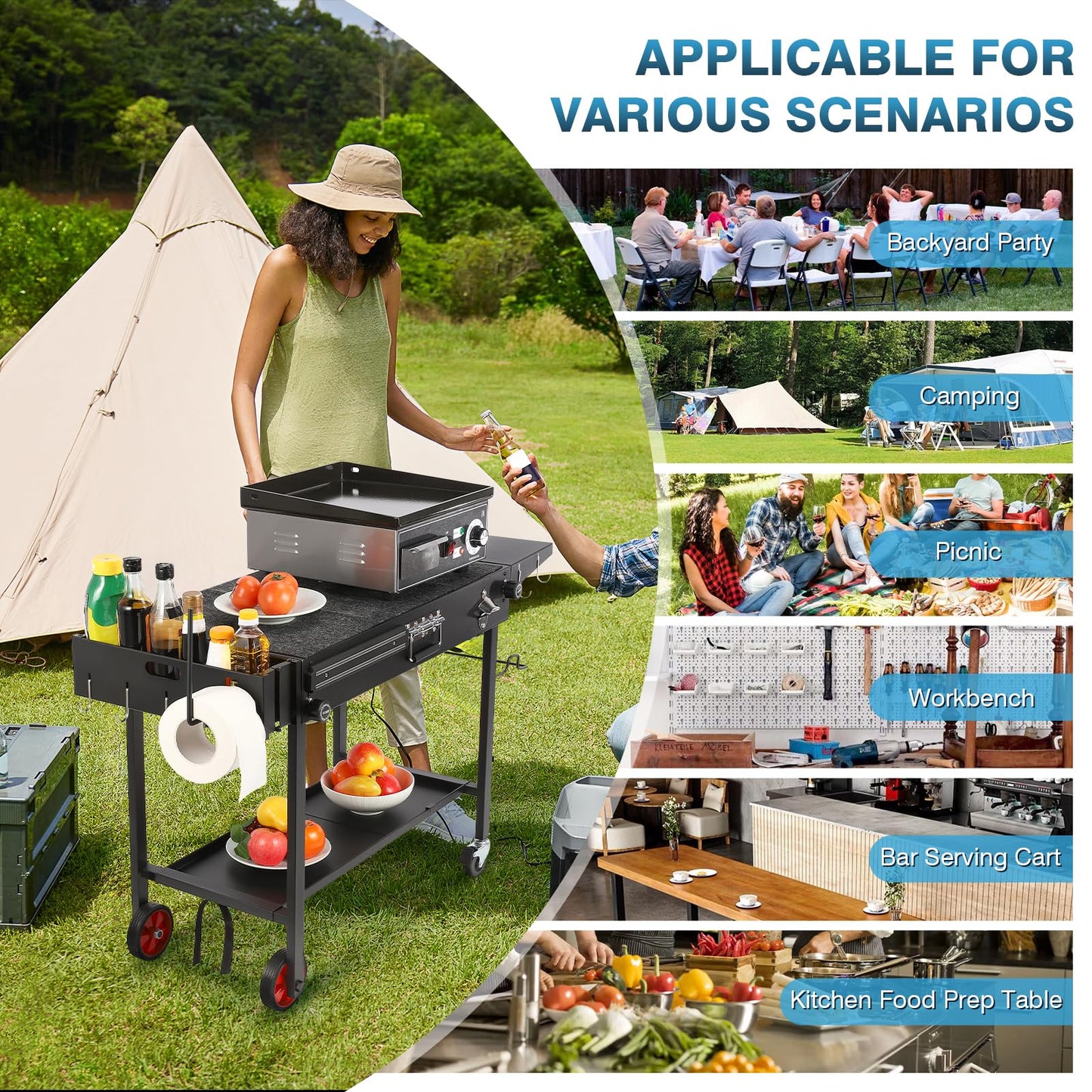 IRONWALLS Outdoor Grill Table Cart, 31"L x 17" W Folding Grilling Cart with Wheels, Portable Griddle Stand Pizza Oven Table, Food Prep Table, Wood-fire Grill Stand for Barbecue, Camping