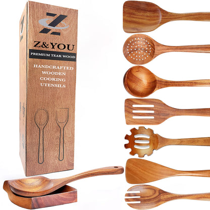 9-Piece Teak Wooden Spoons for Cooking, Durable Wood Utensil Set, Natural Teak Wood Non Toxic Utensils – Safe and Non Toxic for Your Family – Wooden Spoons and Spatulas for Kitchen by Z&YOU