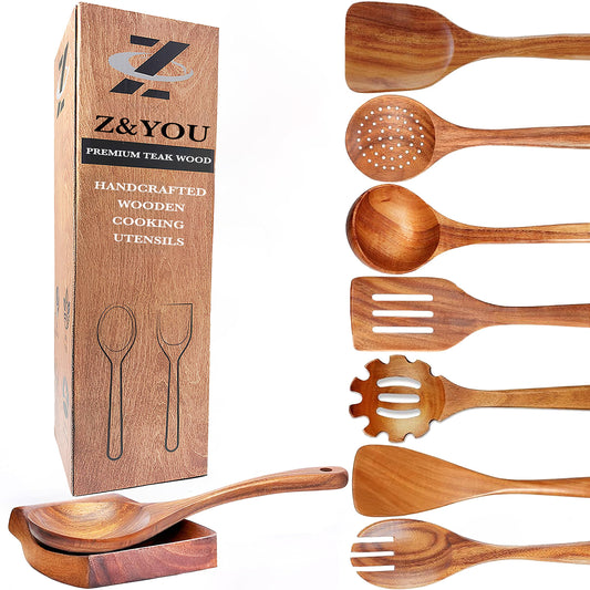 9-Piece Teak Wooden Spoons for Cooking, Durable Wood Utensil Set, Natural Teak Wood Non Toxic Utensils – Safe and Non Toxic for Your Family – Wooden Spoons and Spatulas for Kitchen by Z&YOU