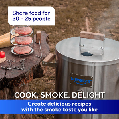 Universal 20-pound Stainless Steel (25-servings) Charcoal Barrel Smoker with Thermometer & Airlock system - 20.5"x 29.6" x ⌀15.5", 2 in 1 Vertical Grill and Smoker, Slow Cooking Barrel