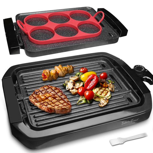 Baker’s Friend Indoor Griddle & Grill, Electric Griddle with 2 in 1 Indoor Grill and Griddle Plate Indoor Grill with Removable Plate, Silicone Mold, Dishwasher Safe, Recipes Include, Graphite