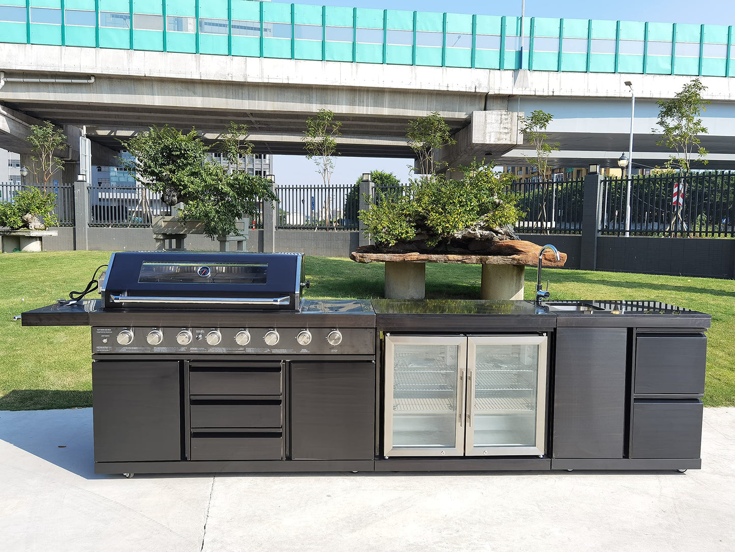 3 Piece Island Modular BBQ Outdoor Grill Black Stainless Steel with Double Refrigerator, Sink, Rotisserie, and Cover, Propane or Natural Gas