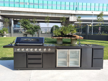 3 Piece Island Modular BBQ Outdoor Grill Black Stainless Steel with Double Refrigerator, Sink, Rotisserie, and Cover, Propane or Natural Gas