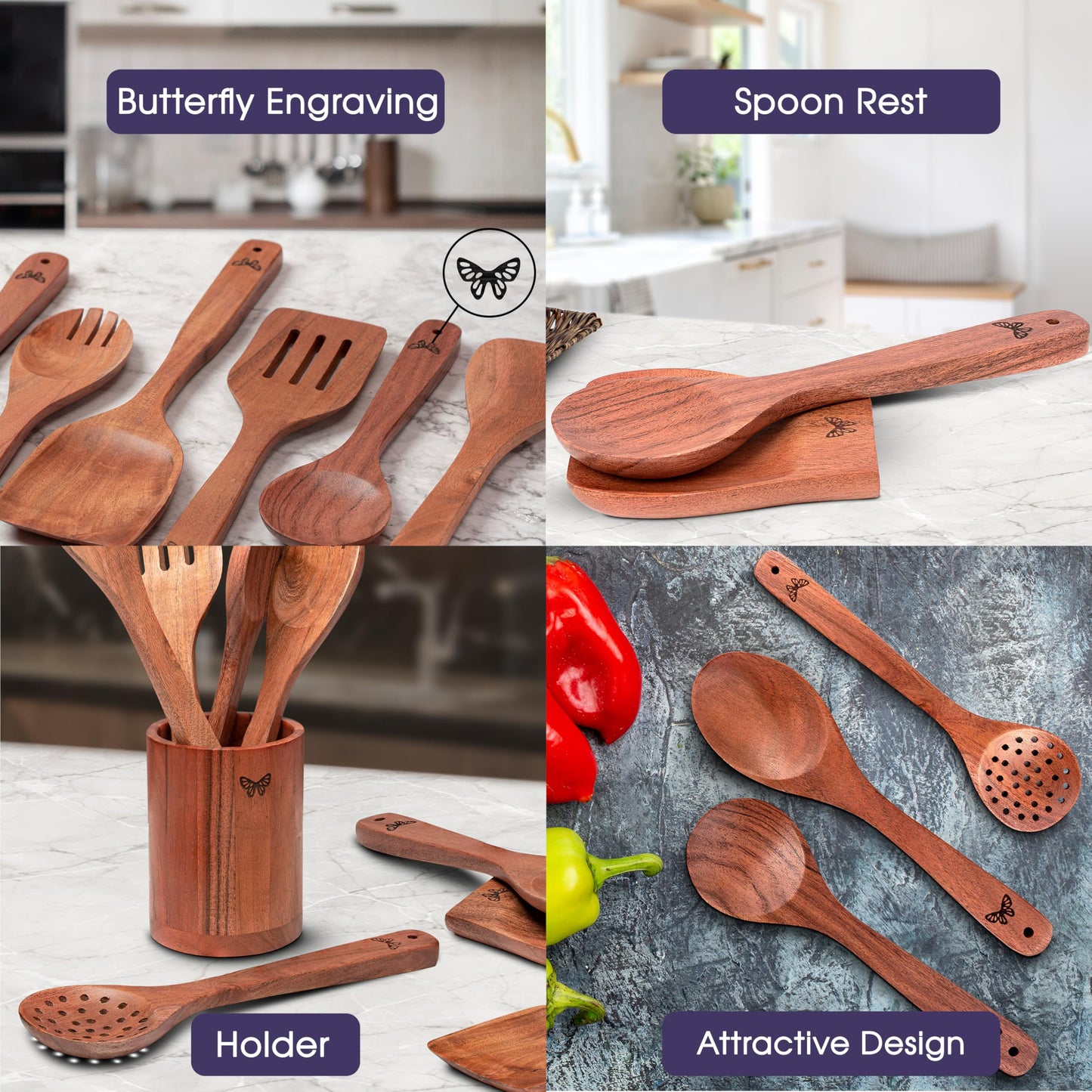 Wooden Kitchen Cooking Utensils Set | 9 Piece Spatula Set with Spoon Rest, Holder & 7 Hooks | Acacia Wood Non Toxic Serving Spoons