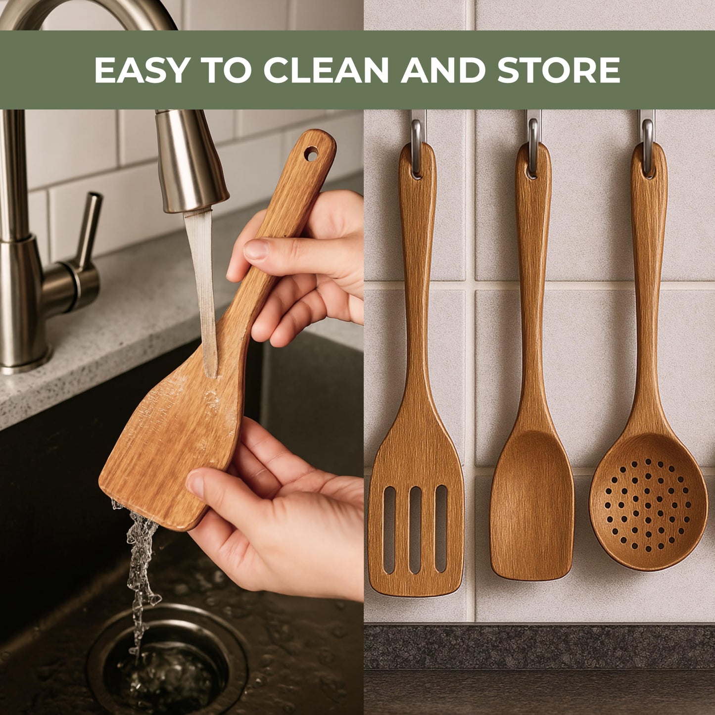 Vasilek Wooden Cooking Utensils Set – 12-Piece Acacia Wood Kitchen Utensil Set with Holder & Spoon Rest, Non Toxic Wooden Tools for Nonstick Cookware, Spatula, Ladle, Serving Spoon