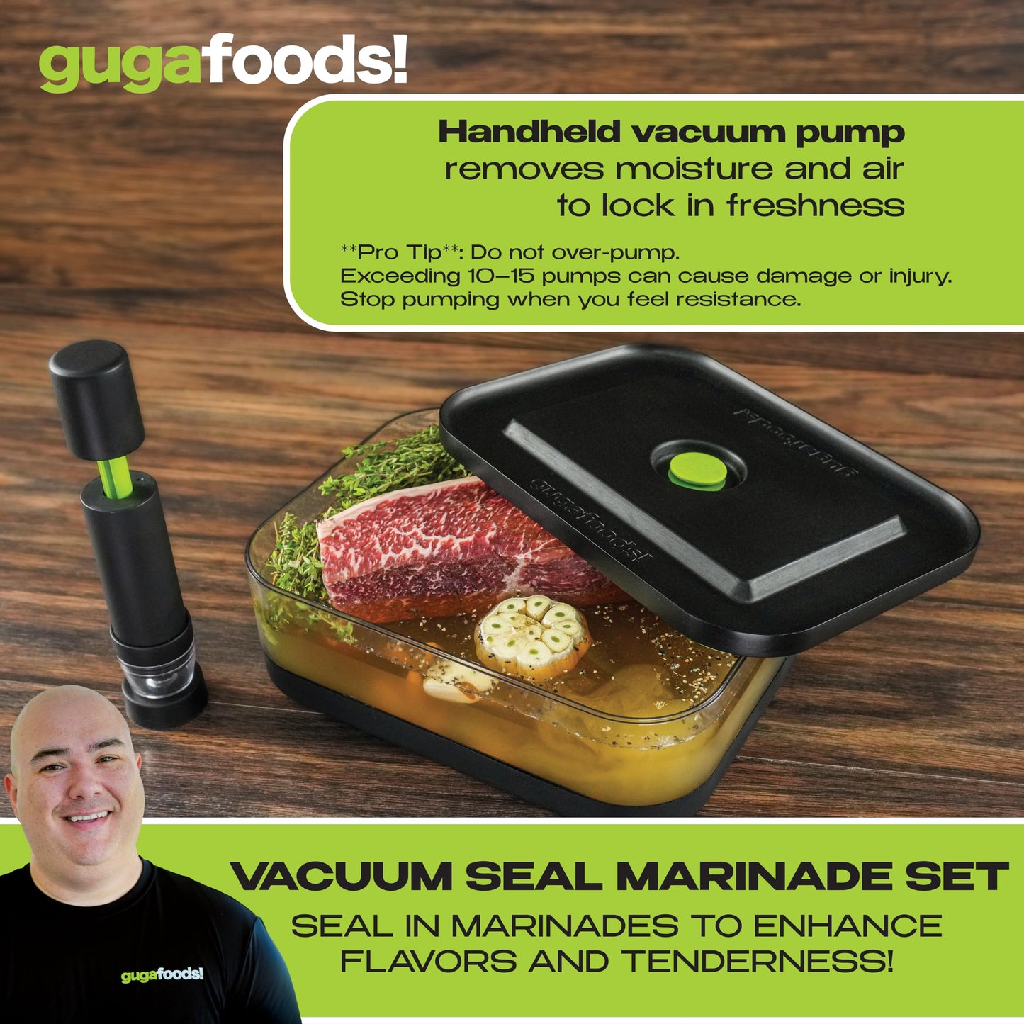 Guga Foods Vacuum Seal Marinade Container Set, Air Sealed Pump, Removes Air for Quick Marination, Barbecue & Grilling Marinator