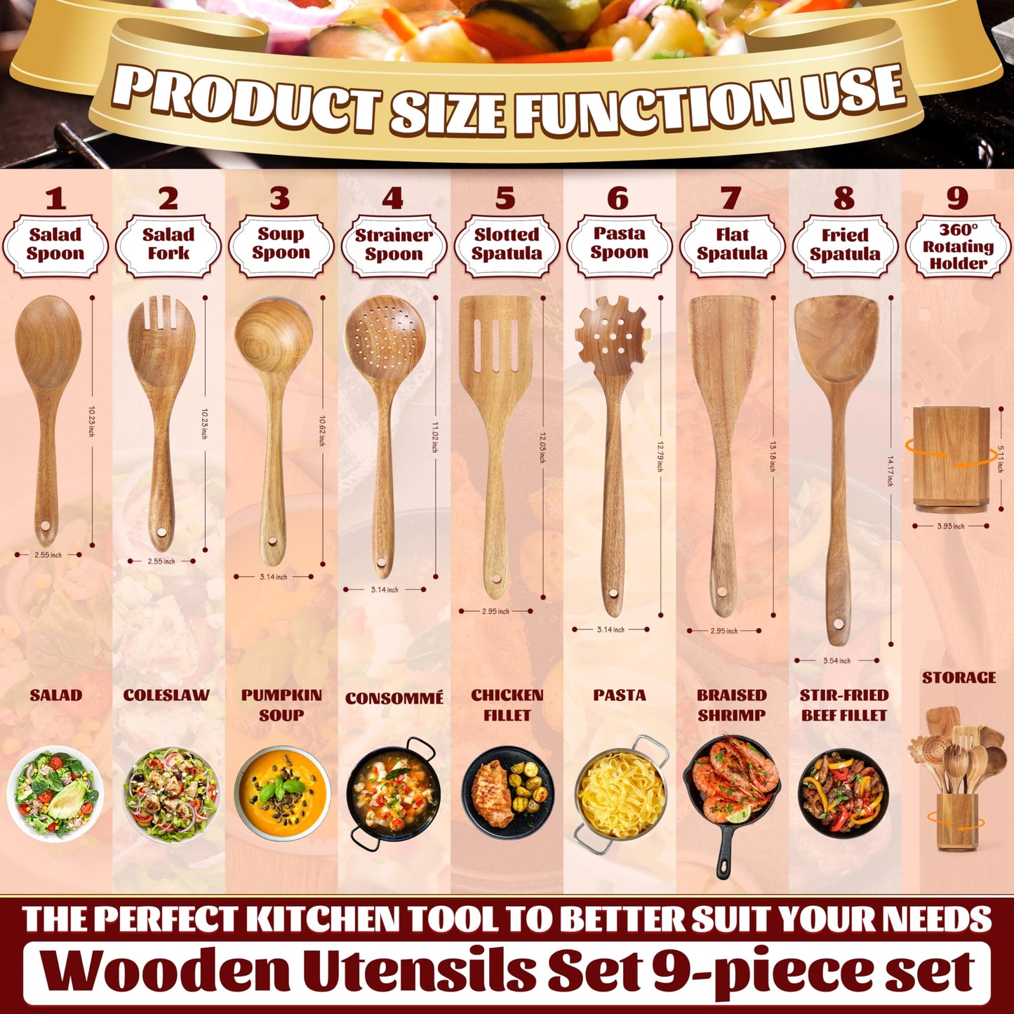 Utensil Cooking Spoon Set with Holder : KINGSOW 9 Pcs Wooden Spoons for Kitchen Nonstick Cookware