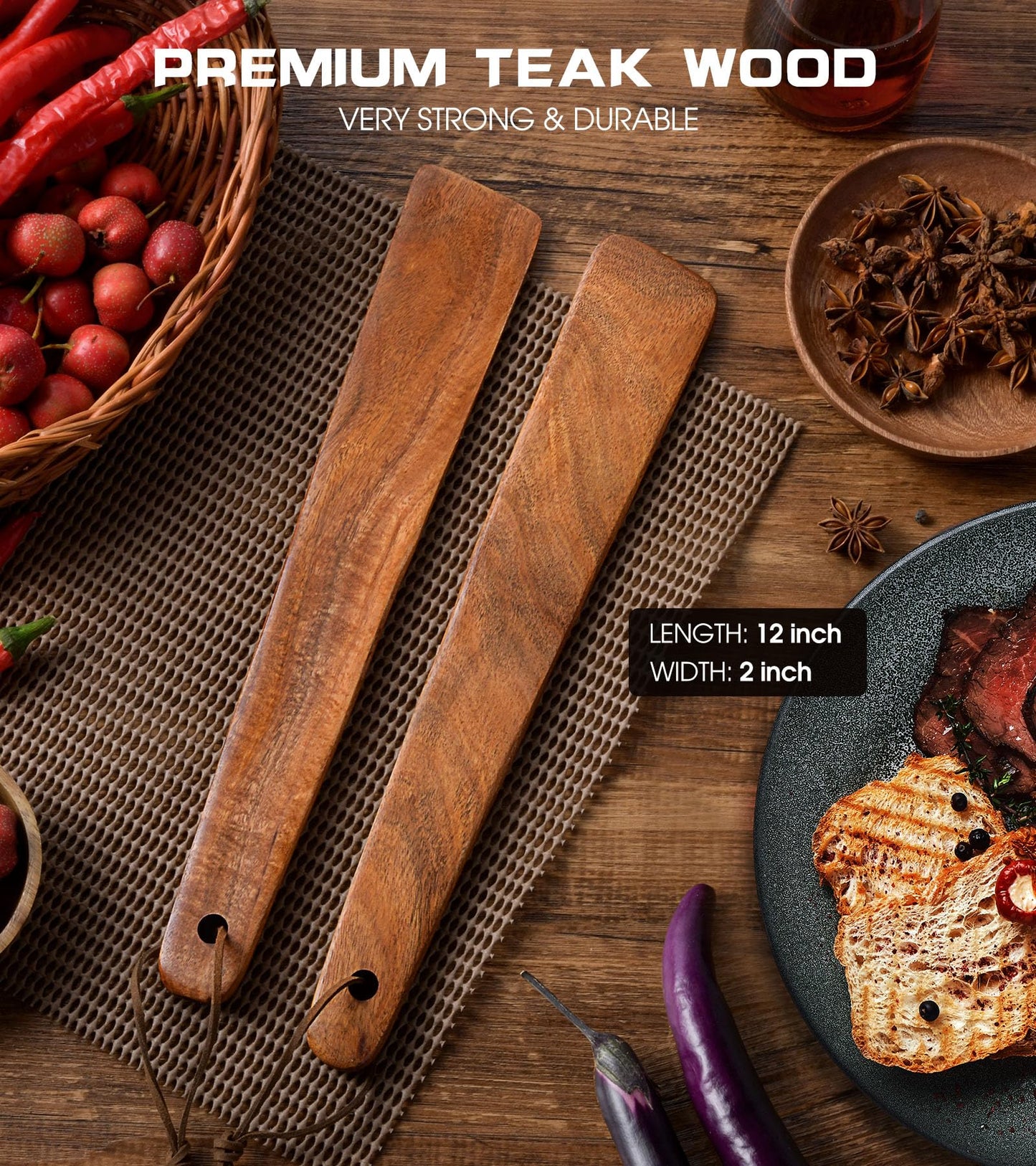 12 inch Teak Wooden Spatula for Cooking, Small Wood Flipper, Egg Scraper, Flat Wood Turner, Multipurpose Wooden Cooking Utensils, Spatulas Spoons Perfect for Flipping, Scraping & Turning, Set of 2