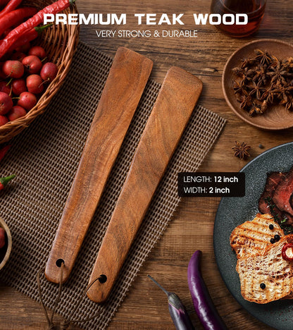 12 inch Teak Wooden Spatula for Cooking, Small Wood Flipper, Egg Scraper, Flat Wood Turner, Multipurpose Wooden Cooking Utensils, Spatulas Spoons Perfect for Flipping, Scraping & Turning, Set of 2