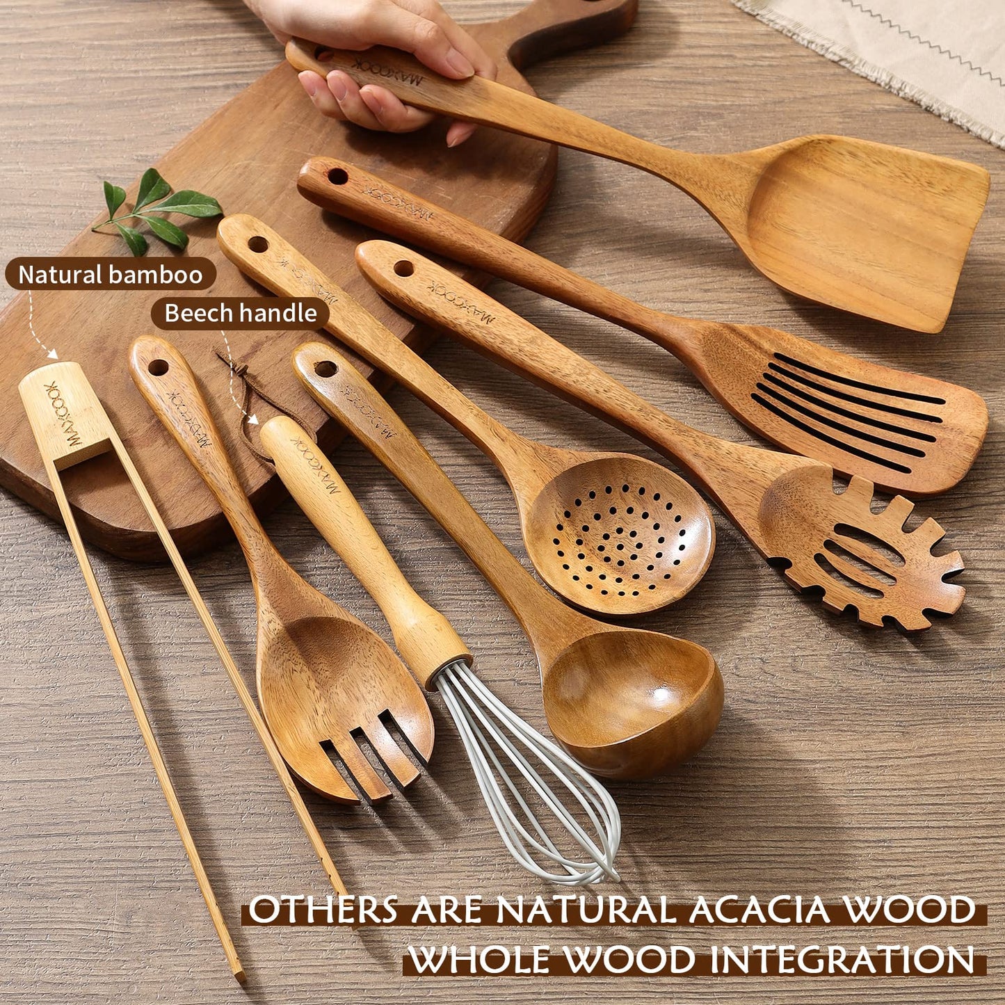 MAXCOOK Wooden Spoons for Cooking,8 Pcs Teak Wooden Kitchen Utensils Set,Natural Acacia Wood Non-stick Spatula Cooking Spoons,Lightweight, Convenient, Easy to Wash Cooking Utensil set Wood Whisk