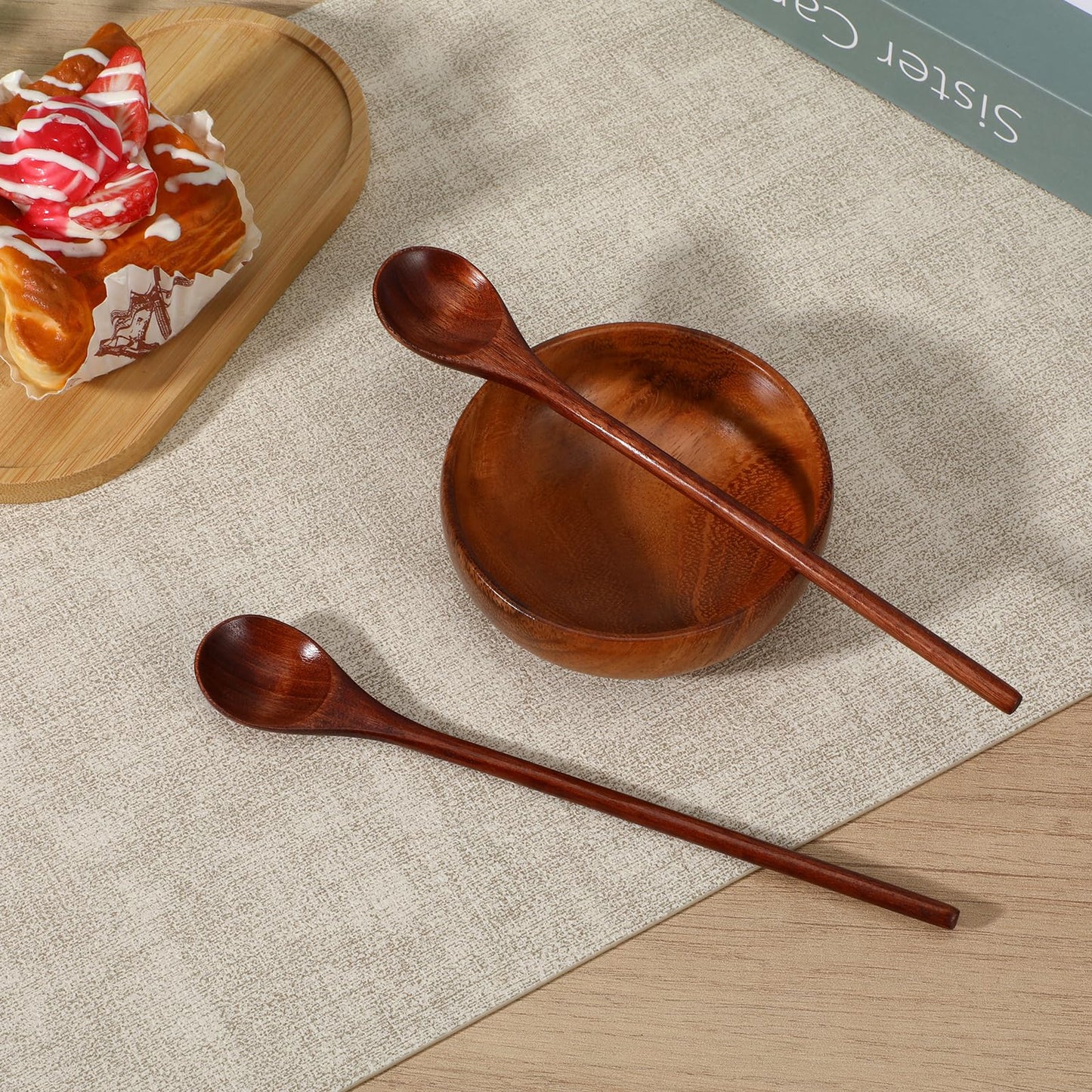 2 PCS Long Handle Mixing Wooden Spoon, Wooden Spoons for Eating 7.8 Inch Honey Spoons Matcha Spoon for Stirring Brown Cocktail Stirrer Swizzle Mixing Teaspoon for Home Kitchen Bar Restaurant