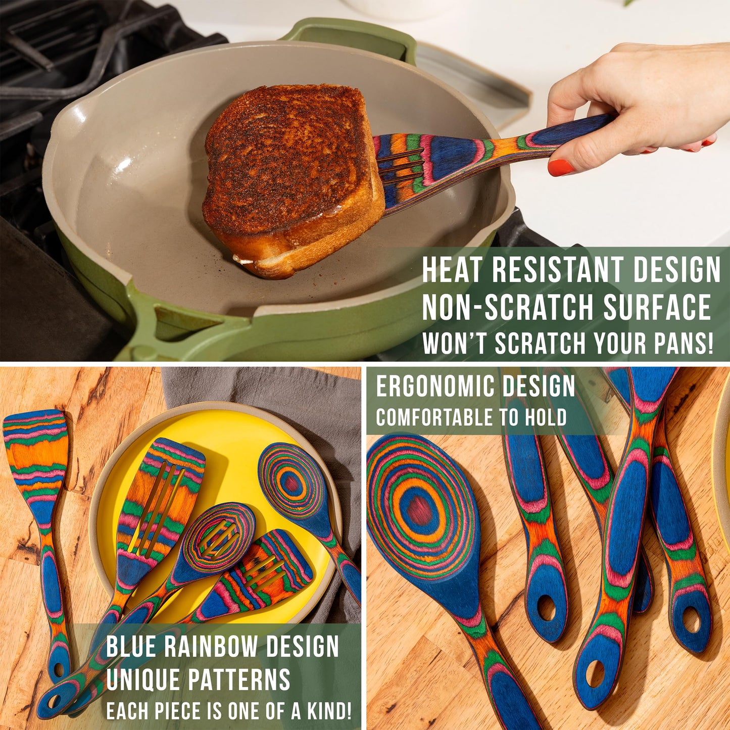 5pc Wood Cooking Utensils Set - Wooden Spoons for Cooking – Pakka Wood Utensils for Cooking and Serving – Comfortable Grip and Non Stick (Blue Rainbow)