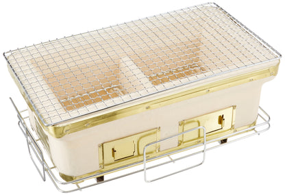 BUNDOK BD-383 Oblong Shichirawa Large, Charcoal, Diatomaceous Earth, Beige, Stand Included (For 3-4 People)