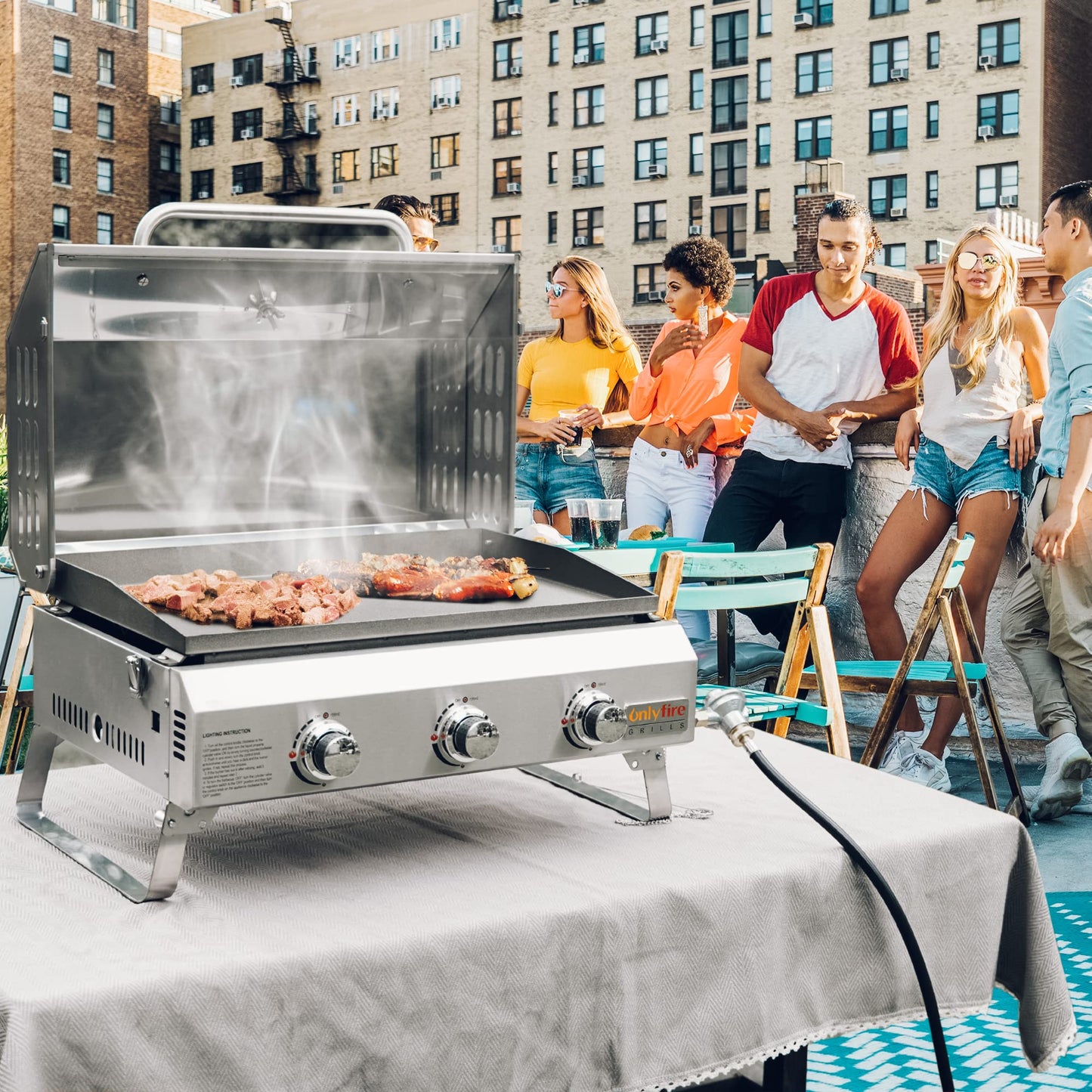 ONLYFIRE GRILLS Tabletop Gas Griddle with Foldable Legs, Portable 3-Burner Propane Gas Flat Top Grill Griddle for Outdoor Cooking Patio Barbecue Camping Tailgating RV BBQ, Stainless Steel, #GS309