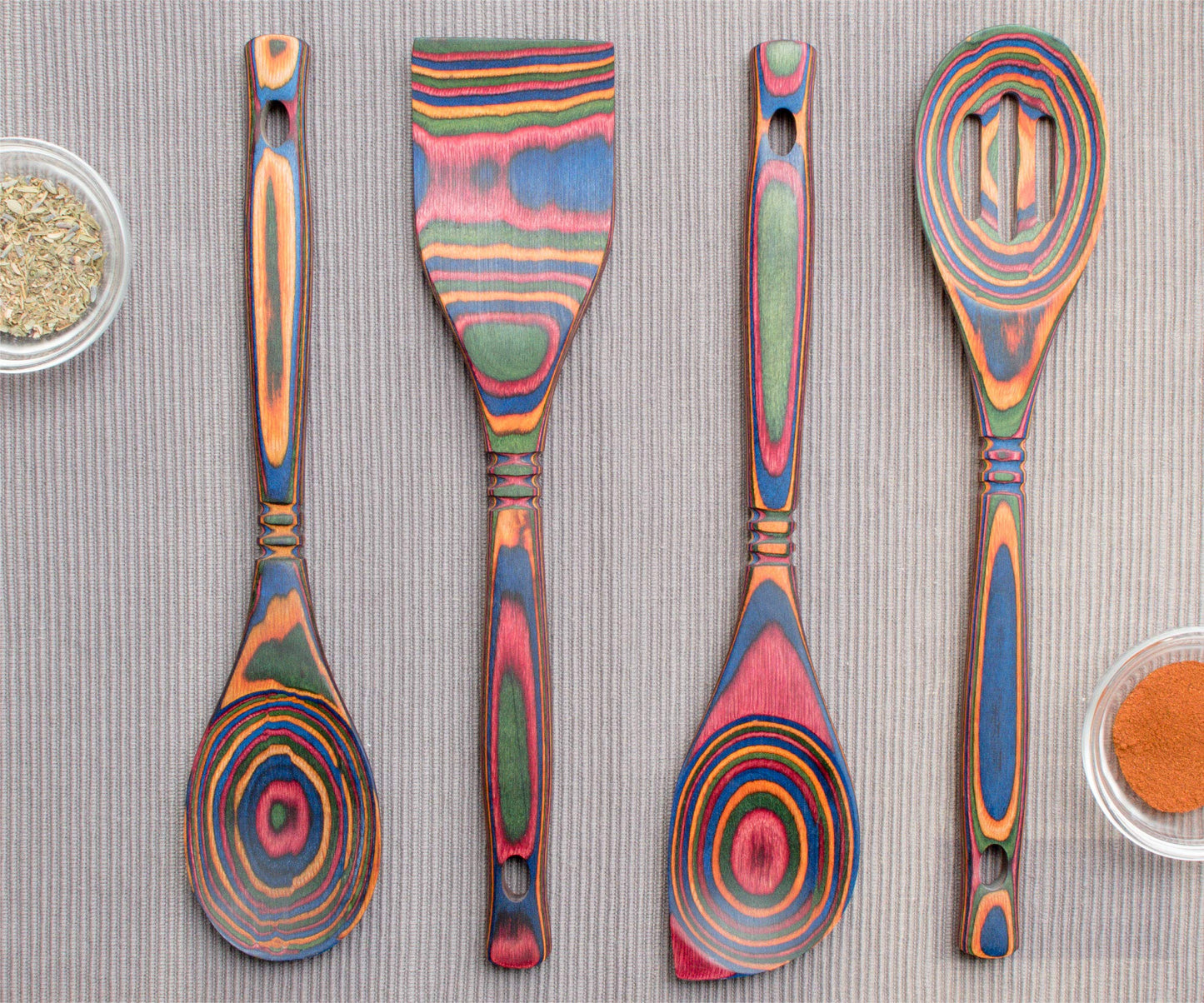 Exotic Pakkawood 6-Piece Kitchen Utensil Set with 12-in Spoon, 12-in Slotted Spoon, 12-in Spatula, 12-in Corner Spoon, 13-in Large Spurtle, 9-in Small Spurtle - by Crate Collective (Rainbow)