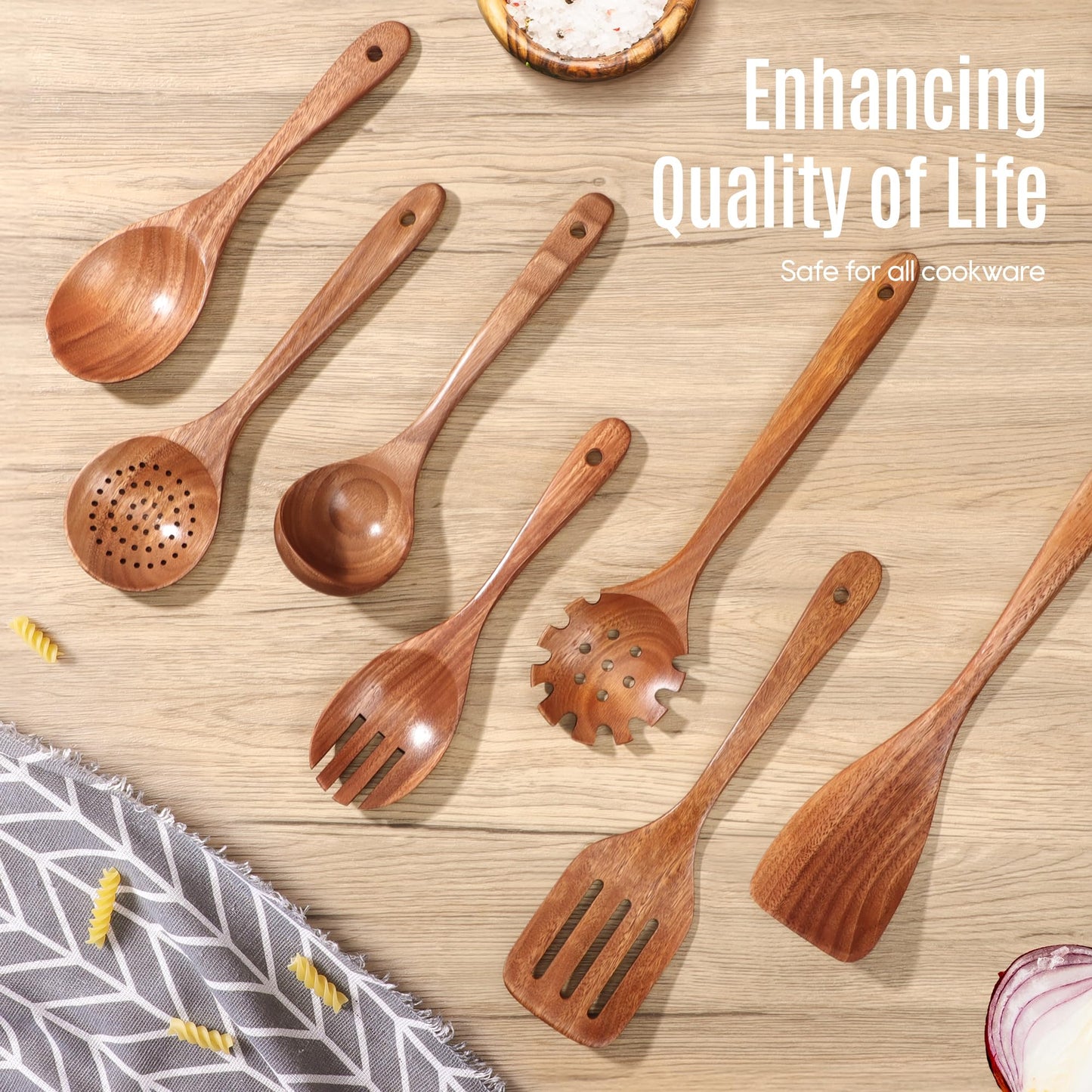 MULBOM 7 PCS Wooden Spoons for Cooking Natural Teak Kitchen Utensils Smooth Non-Stick Surface Cooking Utensils Set Soft Comfort-Grip Wooden Utensils for Cooking
