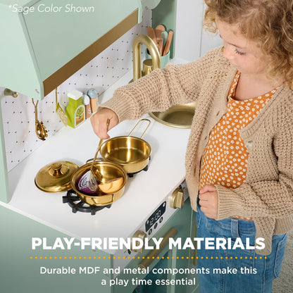 Best Choice Products Wooden Pretend Play Cottage Kitchen Kids Toy w/Storage, Scalloped Edge, 5 Accessories, Microwave, Oven, Clicking Knobs - Cream