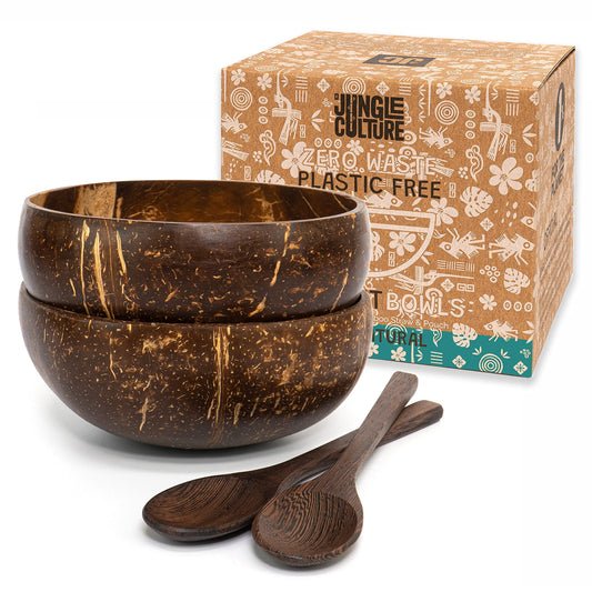 Jungle Culture 2 Polished Coconut Bowl and Wooden Spoons Set with Bamboo Straws • Natural Coconut Smoothie Bowls • Healthy Choice Coco Shell Acai & Buddha Bowls • Eco Friendly Vegan Gifts