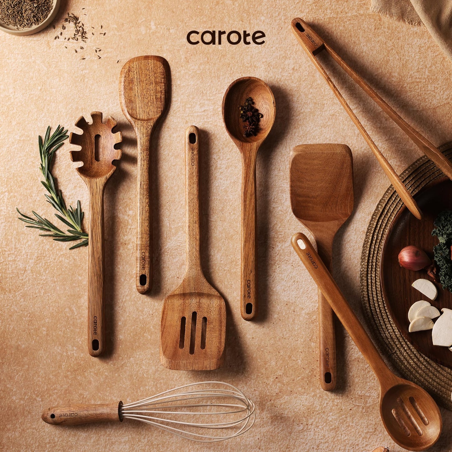 CAROTE Wooden kitchen Utensils Set, Acacia Wood 8pcs Cooking Utensil Set for Nonstick Cookware, Long-lasting Wooden Spoons for Cooking, Spatula, Turner
