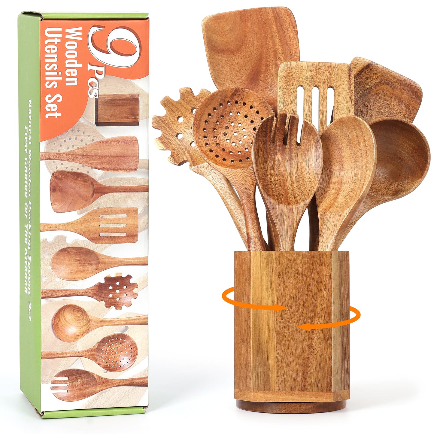 Utensil Cooking Spoon Set with Holder : KINGSOW 9 Pcs Wooden Spoons for Kitchen Nonstick Cookware