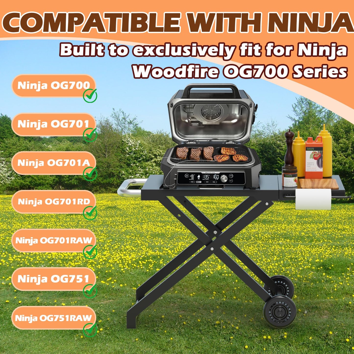 MOASKER Woodfire Outdoor Grill Stand for Ninja Woodfire OG700 Series, Collapsible Outdoor Grill Stand for Ninja OG701 OG751 Woodfire Accessories Portable Grill Cart with Wheels for Outside Camping