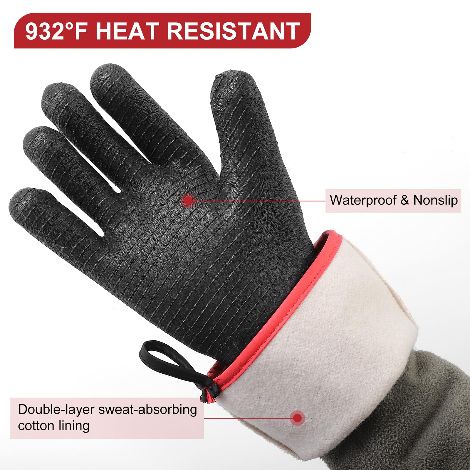 932°F Extreme Heat Resistant BBQ Grill Gloves – Waterproof, Oil Resistant Neoprene Coating, Long Sleeve 14-Inch Cooking Gloves for Grilling, Fryer, Baking, Oven, Smoker, Fireproof Kitchen Mitts - CookCave