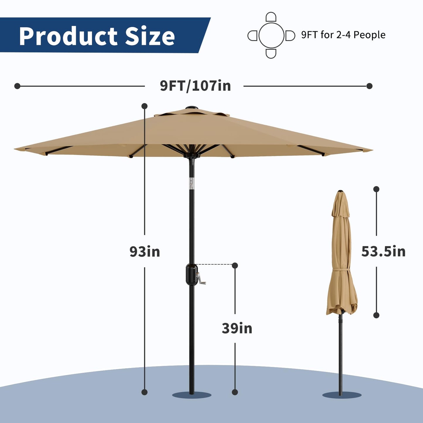 9Ft Patio Umbrella - 8 Sturdy Ribs Outdoor Table Umbrella with Crank Lift & Push Button Tilt - Market Umbrella for Pool, Deck, Yard, Garden - Tan - CookCave