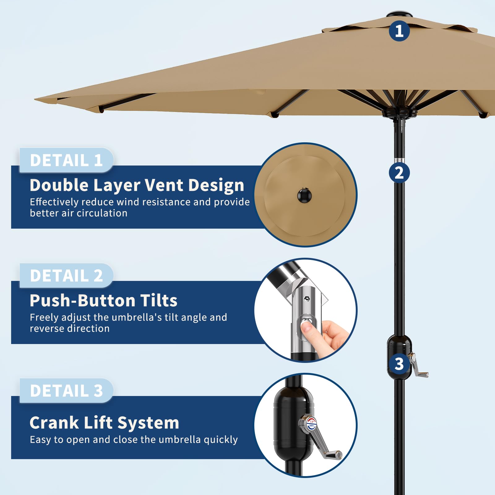 9Ft Patio Umbrella - 8 Sturdy Ribs Outdoor Table Umbrella with Crank Lift & Push Button Tilt - Market Umbrella for Pool, Deck, Yard, Garden - Tan - CookCave