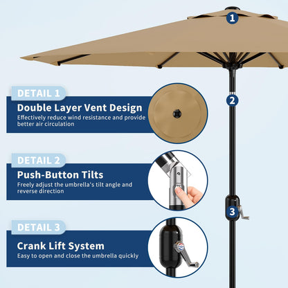 9Ft Patio Umbrella - 8 Sturdy Ribs Outdoor Table Umbrella with Crank Lift & Push Button Tilt - Market Umbrella for Pool, Deck, Yard, Garden - Tan - CookCave