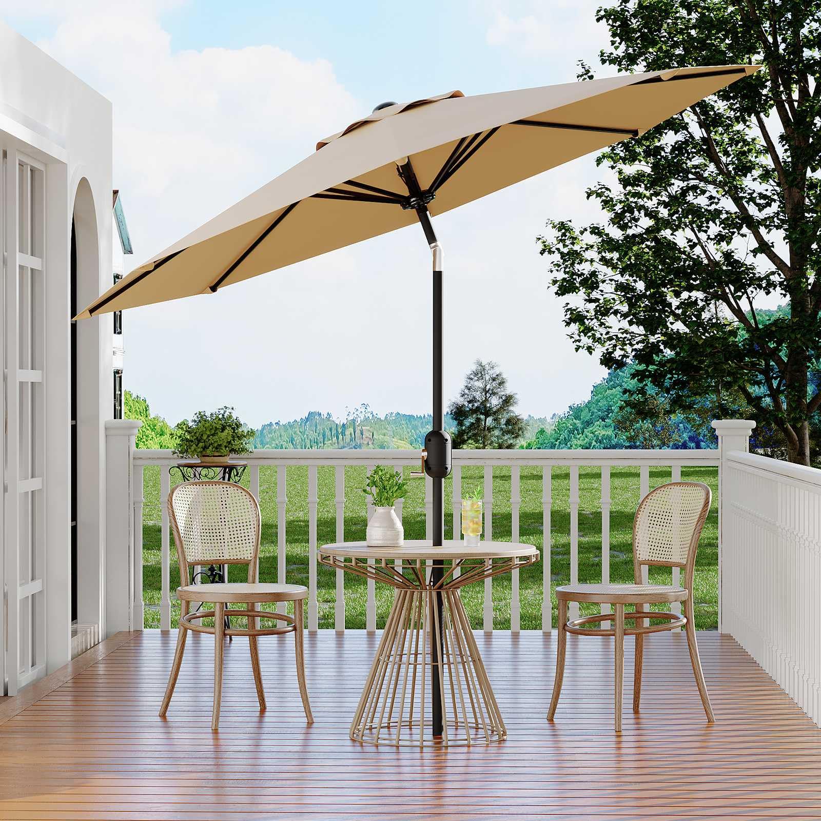 9Ft Patio Umbrella - 8 Sturdy Ribs Outdoor Table Umbrella with Crank Lift & Push Button Tilt - Market Umbrella for Pool, Deck, Yard, Garden - Tan - CookCave