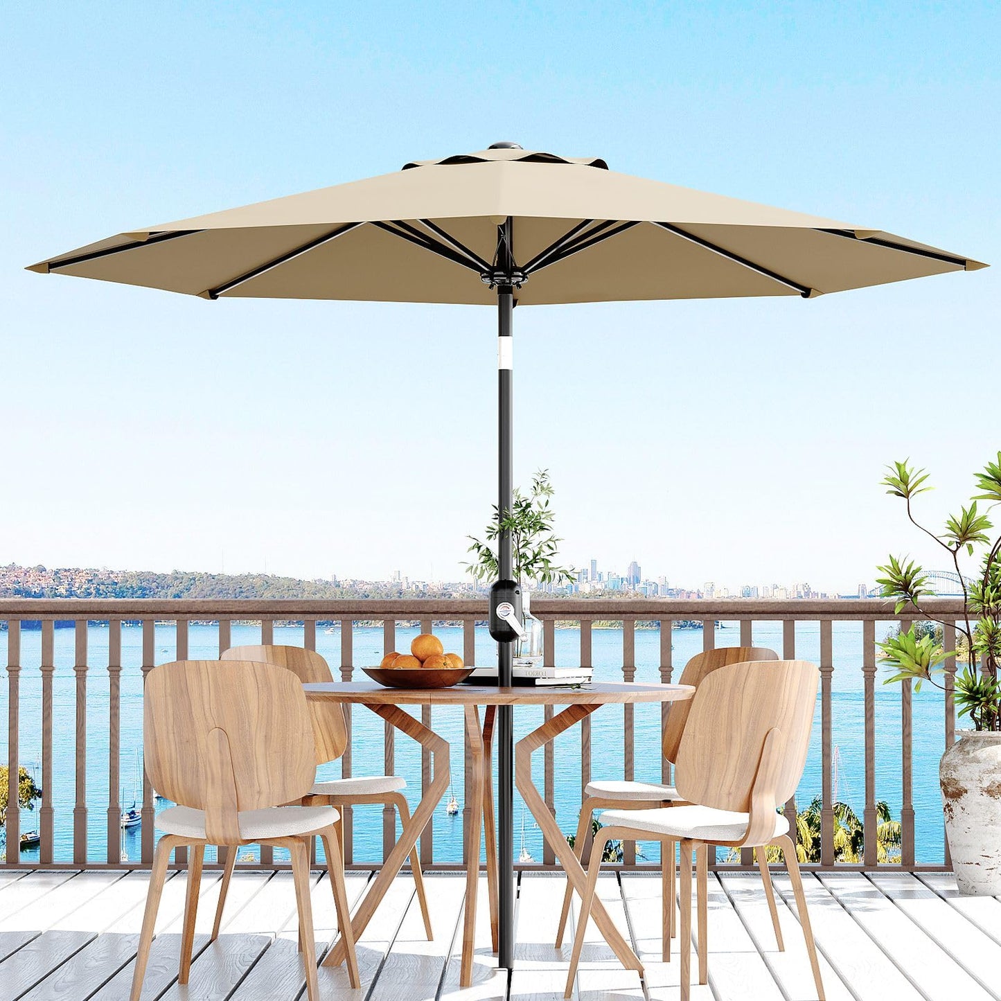 9Ft Patio Umbrella - 8 Sturdy Ribs Outdoor Table Umbrella with Crank Lift & Push Button Tilt - Market Umbrella for Pool, Deck, Yard, Garden - Tan - CookCave