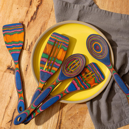 5pc Wood Cooking Utensils Set - Wooden Spoons for Cooking – Pakka Wood Utensils for Cooking and Serving – Comfortable Grip and Non Stick (Blue Rainbow)