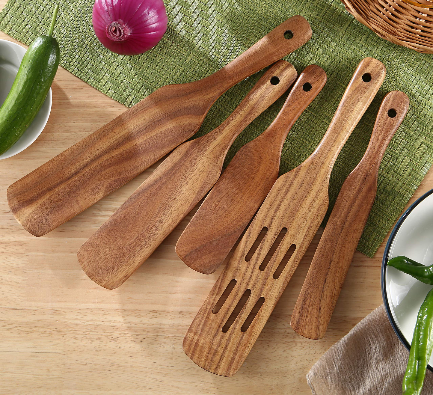 MESSON Wooden Spurtle Set, 5 Pcs Premium Wood Spurtles Kitchen Tools Wooden Spatula Spoons Utensils Set for Nonstick Cookware Instant Pot Cooking Baking