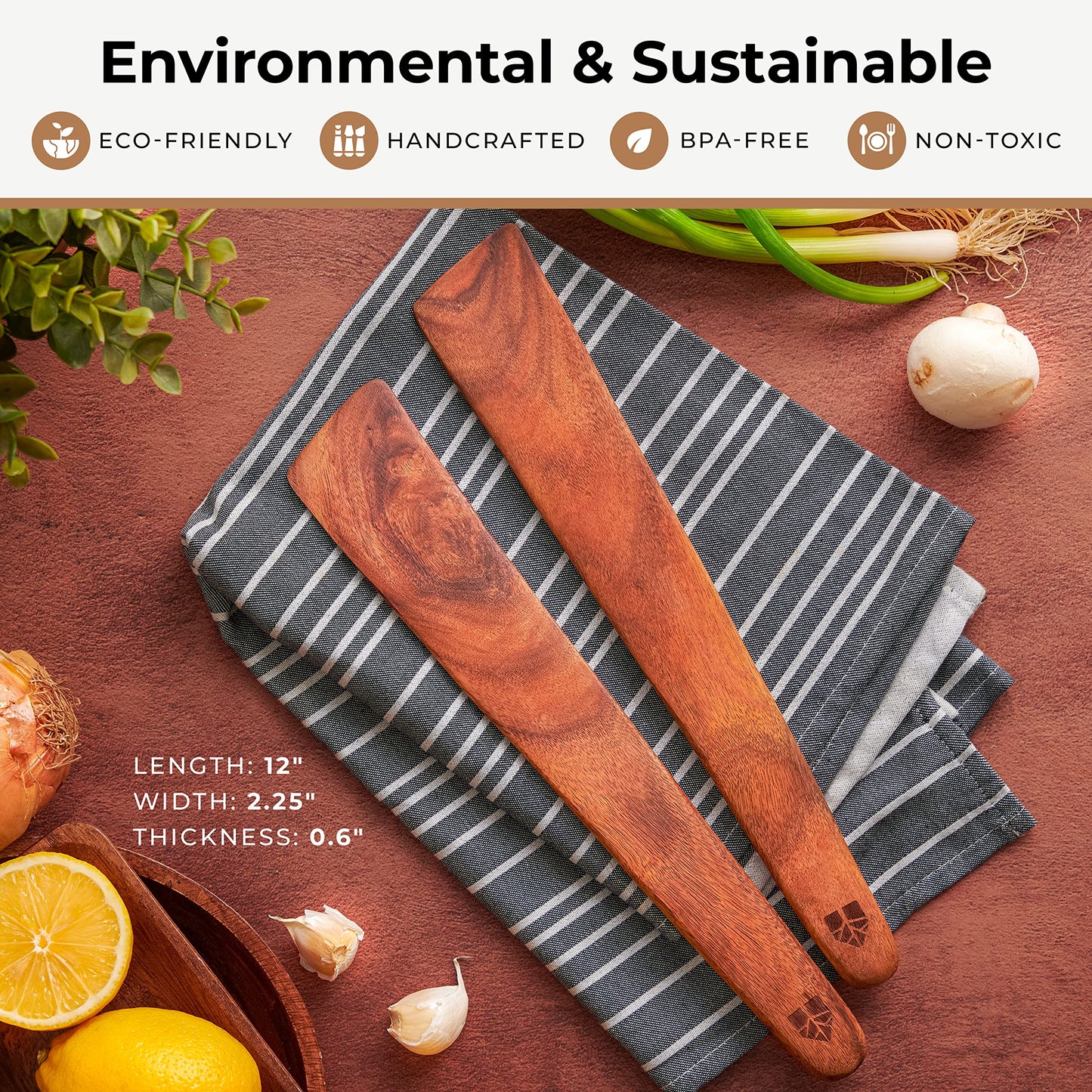 12 inch Teak Wood Spatula for Cast Iron, Small Wood Flipper, Egg Scraper, Flat Wooden Turner, Multipurpose Wood Cooking Utensil, Spatulas Perfect for Flipping, Serving, Scraping & Turning. Set of 2