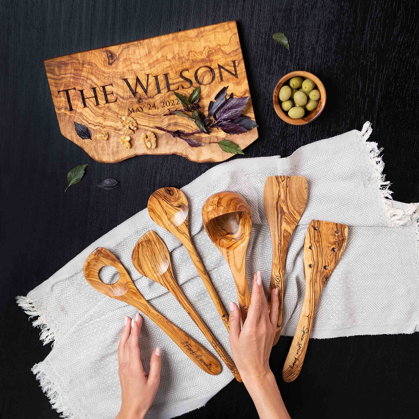 Forest Decor Olive Wood Utensils Set for Cooking - 4pcs Non-stick Handcrafted Wooden Spatulas for Cookware - Non Scratch Natural Premium Wood Spoons - Kitchen Tools & Accessory for Serving