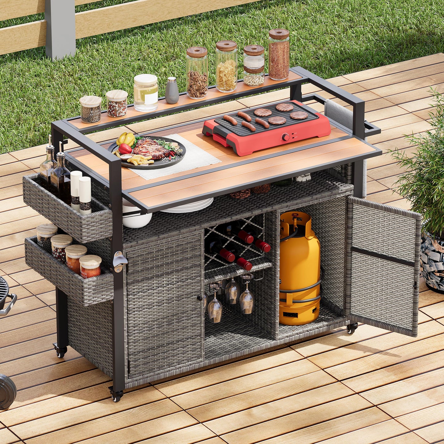 52.8" Wicker Outdoor Grill Cart with Extended Plastic Wood Table Top, Rolling Kitchen Island Cart with Storage Cabinet for Patio Backyard Garden Poolside, Rattan Bar Table with Double Handle, Gray
