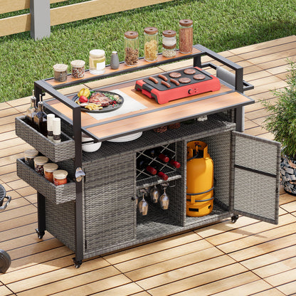 52.8" Wicker Outdoor Grill Cart with Extended Plastic Wood Table Top, Rolling Kitchen Island Cart with Storage Cabinet for Patio Backyard Garden Poolside, Rattan Bar Table with Double Handle, Gray