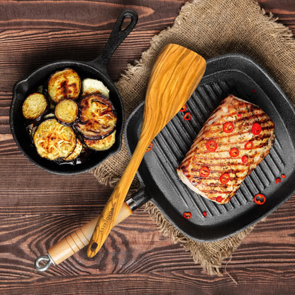 WONDERFUL 4 Pcs Olive Wooden Spoons for Cooking - 13.5 Inch Long, Set with Spatula, Corner Spoon, Slotted Spoon, Spaghetti and Pasta Server with Measurer…