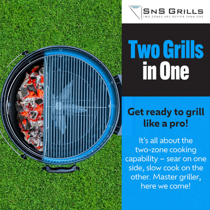 SnS Grills Original Kettle Charcoal Grill with Patented Slow 'N Sear Deluxe Insert and EasySpin Grate for Two-Zone Cooking, Low ‘N Slow Smoking and BBQing - Black 22-Inch