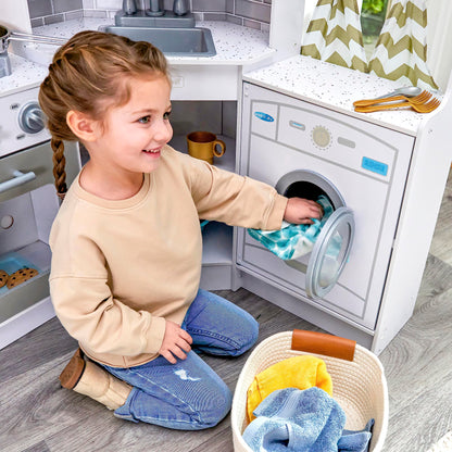 KidKraft Ultimate Corner Wooden Play Kitchen with Lights & Sounds, Play Phone and Curtains, White