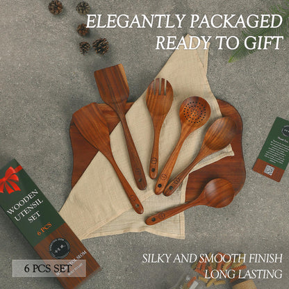 Wooden Spoons for Cooking – 6-12 Piece Teak Wood Cookware Utensil Set with Smooth Finish – Non-Stick, Comfortable Grip – Durable, Heat Resistant Kitchen Utensils (6 PCS Set)